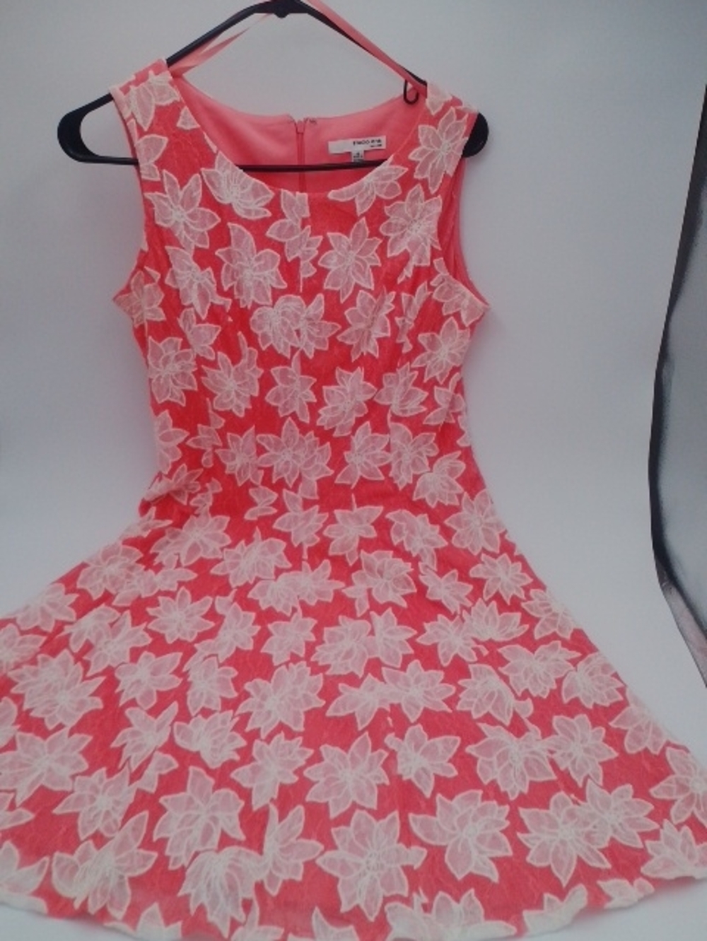 Studio One Coral Dress with White Floral Lace Overlay
